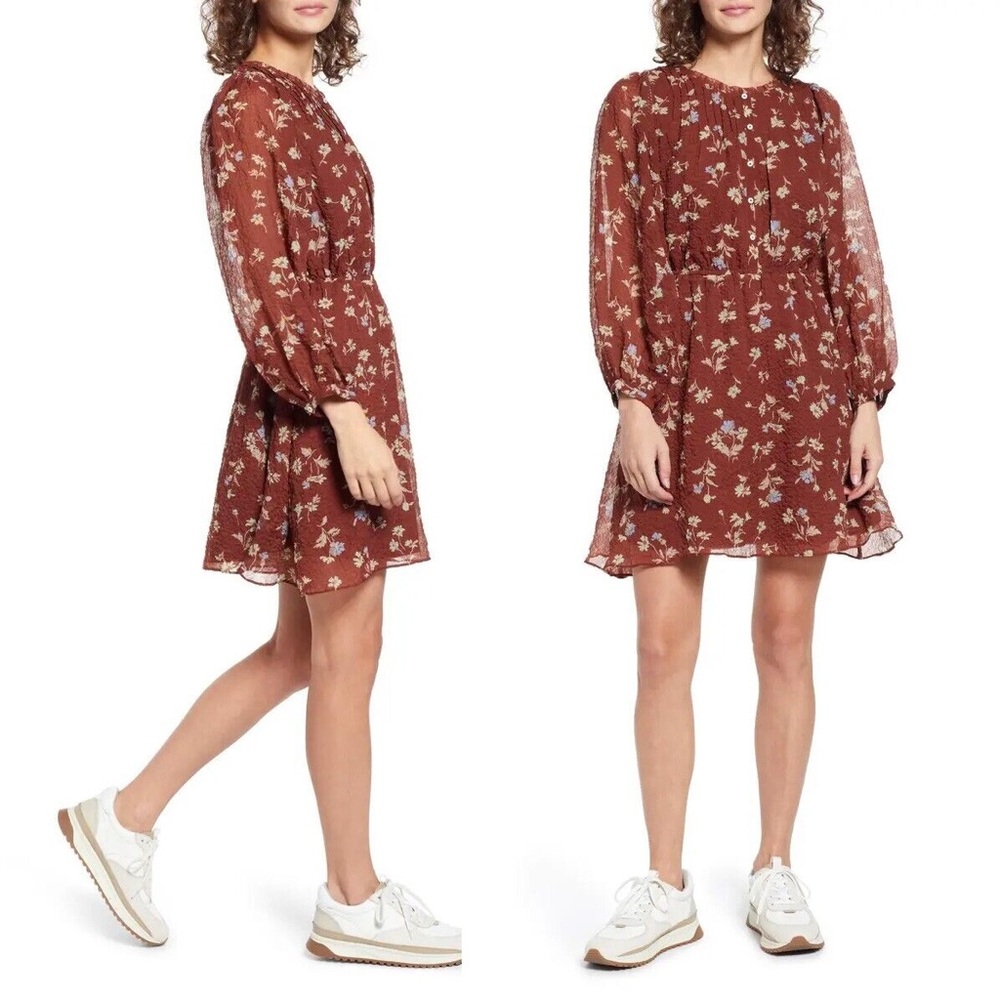 Madewell Norma Rae Floral Print Long Sleeve Dress brown size large